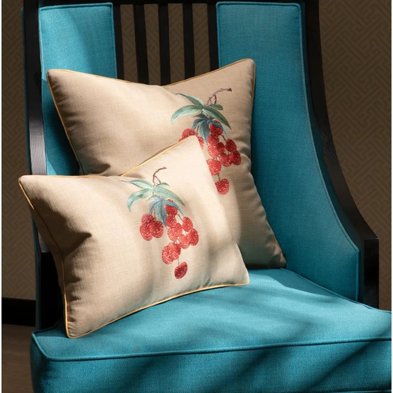 Hinyeatex Chinese Style litchi embroidered faux linen pillow case chair lumbar 35x50cm woven cushion cover 45x45cm 1 pc pack
