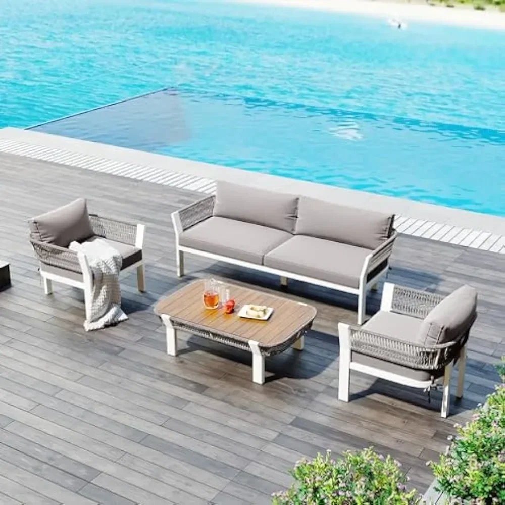 

K 4-х предметный диван из ротанга для бесед с двухместными диванами, двумя одноместными стульями, деревянным журнальным столиком, четыре водонепроницаемых подушек и подушек