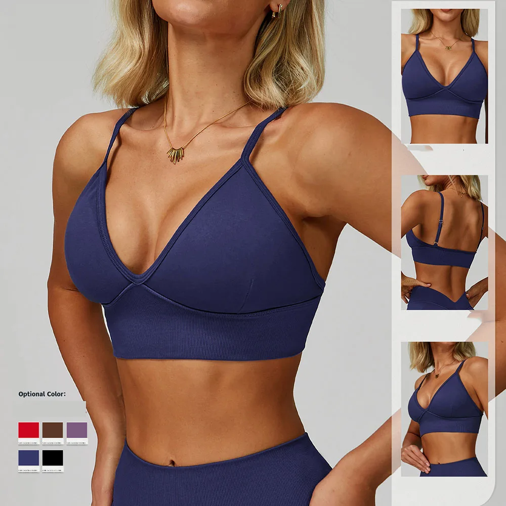 

‌ Женский бесшовный бюстгальтер для йоги с двойными бретелями — быстросохнущий спортивный топ с поддержкой спины для бега и тренировок