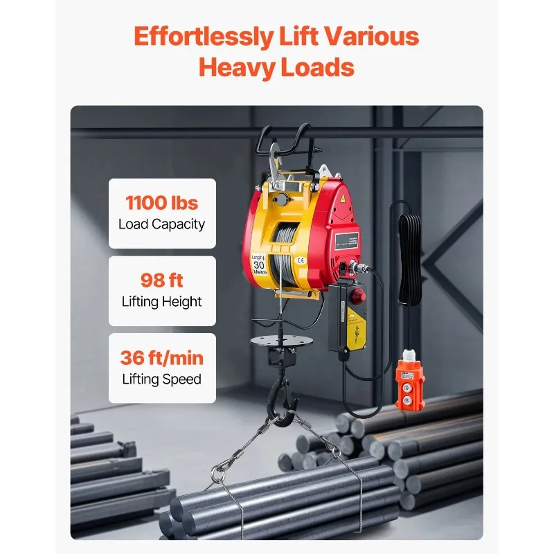 2-in-1 Electric Hoist 1100 lbs 1800W Wired/Wireless Portable Power Winch 98 ft Lifting Height for Garage Factory Towing