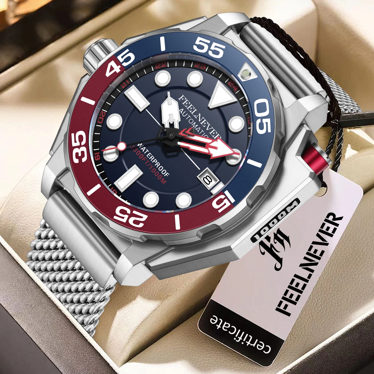 FeelNever Top Brand Luxury Casual Sports Men\'s Watches Automatic Simple Fashion Stainless Band Waterproof Mechanical Watch Clock