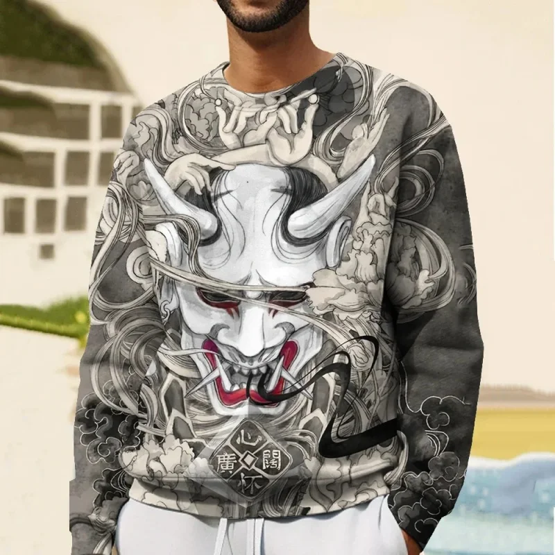 3D Printed Samurai Ghost Mask Sweatshirt For Men Cool Pattern Hoodie Spring Autumn Street Long Sleeved O-Neck Loose Pullovers