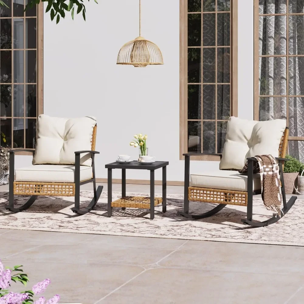 &3 Pieces Garden Furniture Sets,Outdoor Set Thick Cushions 2-Tier Coffee Table,Backyard Beige Outdoor Furniture Sets