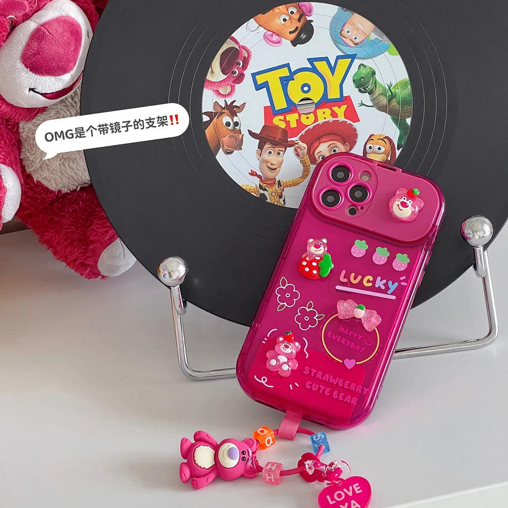 Disney Toy Story Strawberry Bear Lotso With Doll Ornaments makeup mirror Phone Case For Iphone 11 12 13 14 15 Pro Max Plus Xs Xr