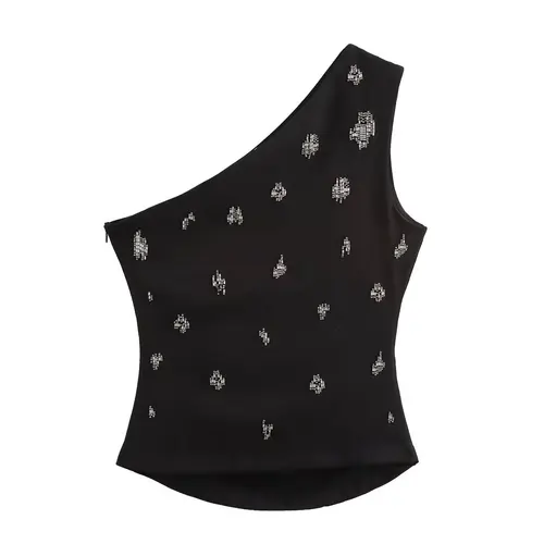 Imagen 2 del producto 2025 nuevas mujeres Sexy solo hombro perla rebordear blusa asimétrica camiseta verano mujeres cremallera lateral camisas delgadas Chic Tops