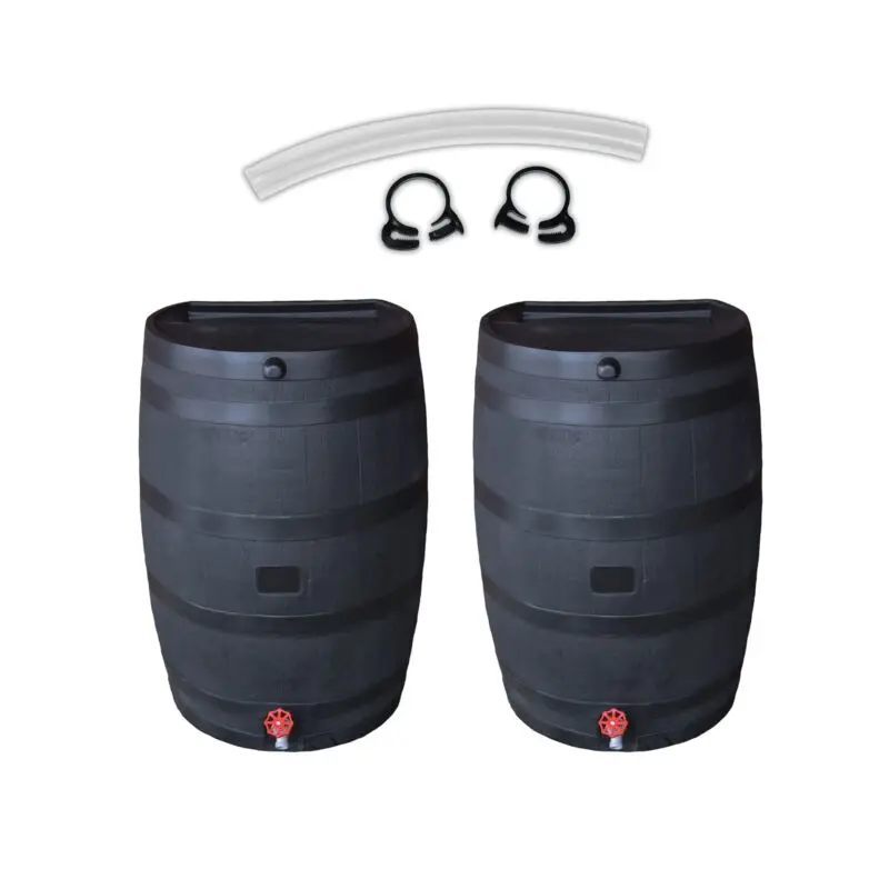 

100% Recycled Polyethylene 50 Gallon Flat Back Rain Barrel with Link Kit, Black (2 Pack)