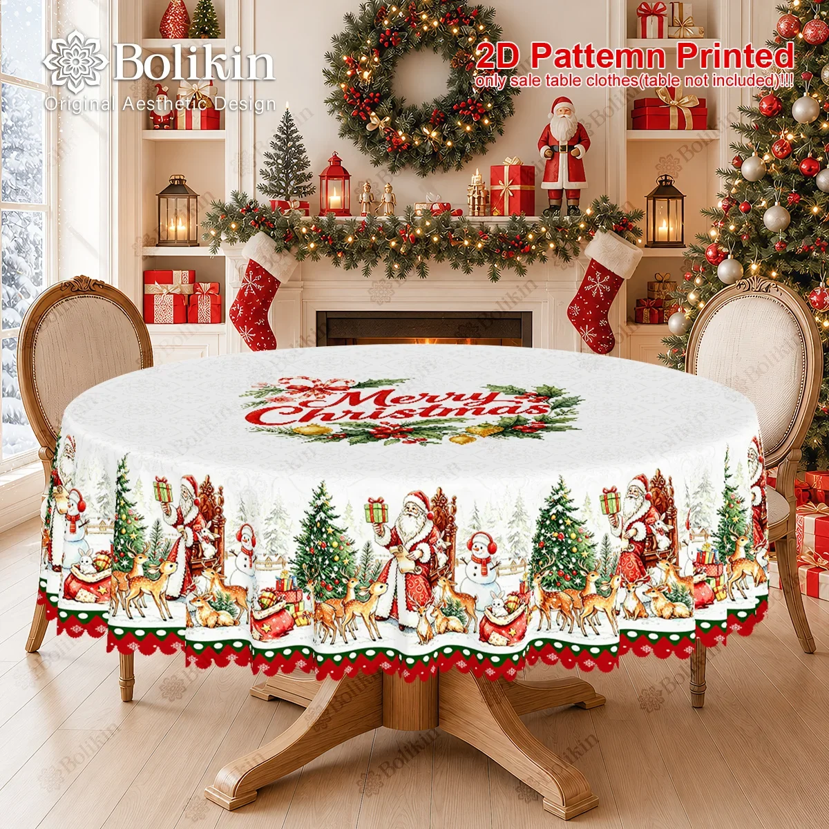 Christmas Theme Party Tablecloth, Santa Claus Christmas Tree Snowman Reindeer Rabbit Holly Berry Winter Snow Print Design