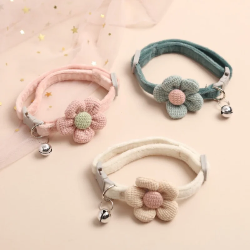 Cute Flower Cat Collar Adjustable Handmade Buckle Pet Necklace With Bell Pendant For Kitten Small Dog Puppy Grooming Accessories