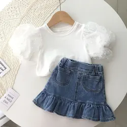 2024 Children Girls Seersucker Short-sleeved T-shirt + Denim Skirt Summer Ruffled Fishtail Jean Skirt 2 Pcs Clothing Sets