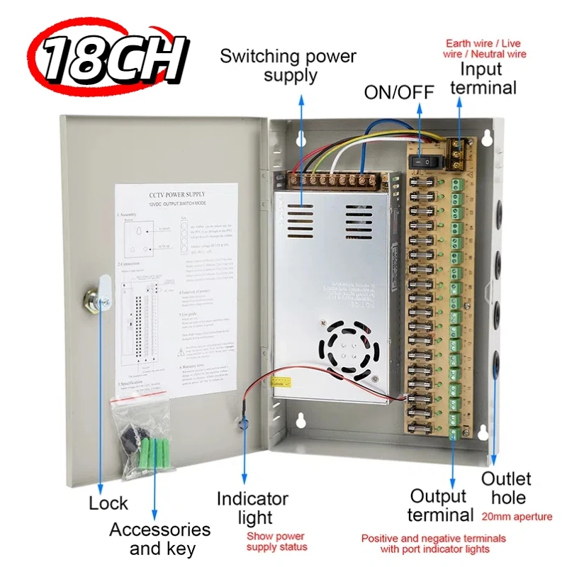 

18CH 5V 12V 24V Monitoring Closed-Circuit Television CCTV Power Supply Box with SMPS 240W 480W for Surveillance Cameras