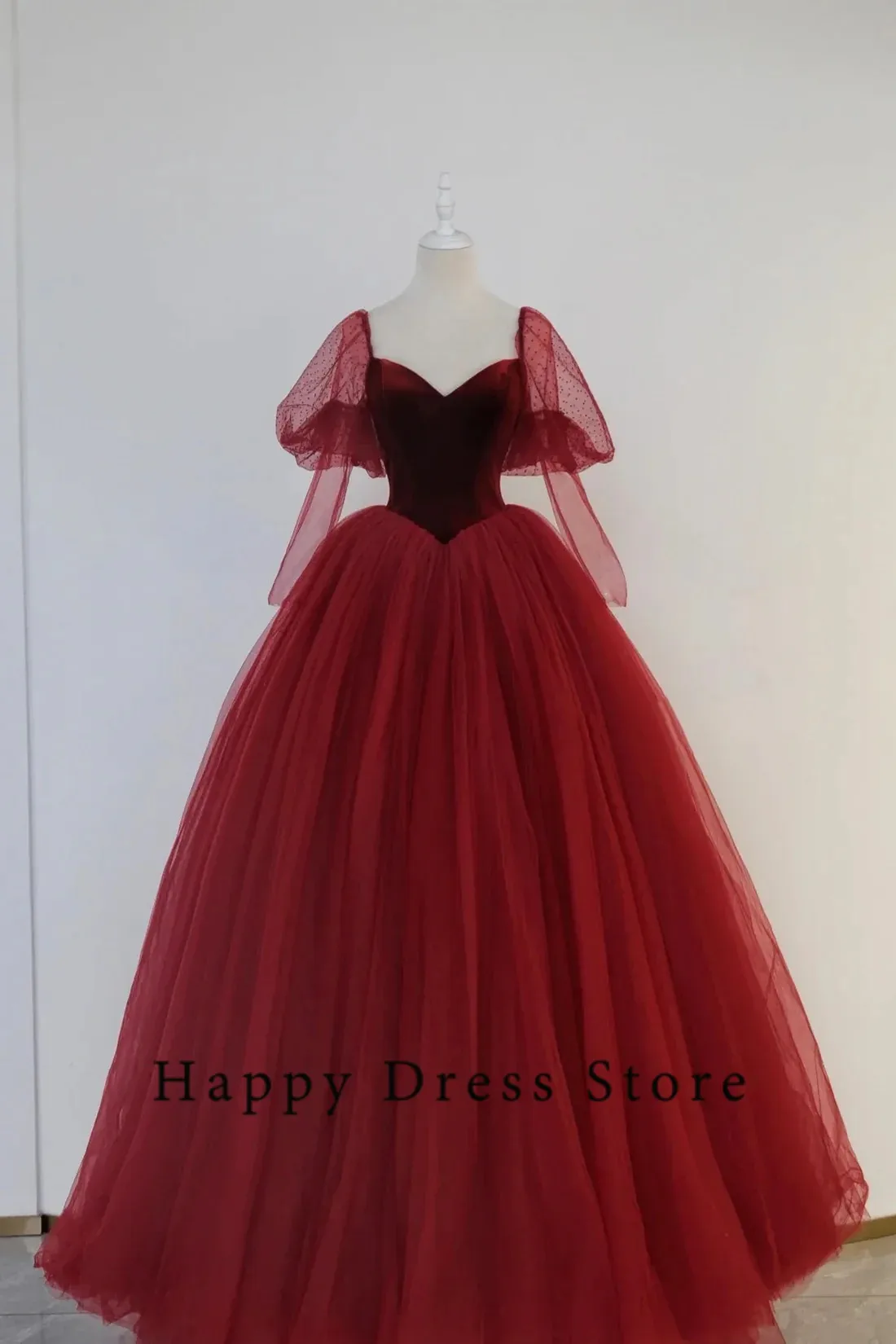 

2024 Burgundy Elegant Modern Prom Dress For Women A-Line Short Sleeve Tulle Lace Up Custom Birthday Evening Party Birthday Gown