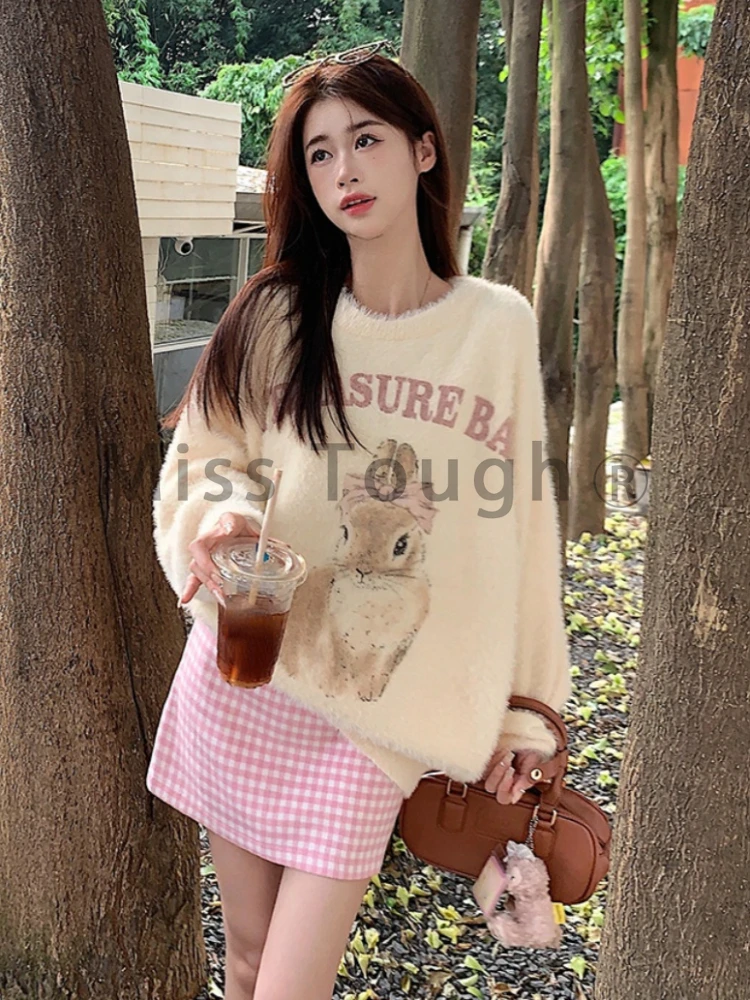 Winter Kawaii Knitted 2 Piece Set Women Casual Sweet Print Sweater + Plaid Skirt Suit Female Korean Fashion Vintage Cute Set New