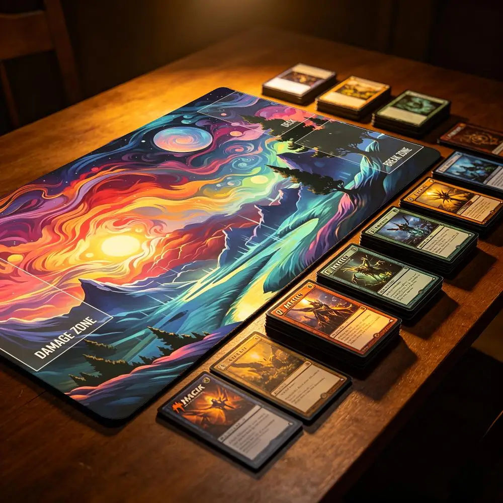 Starry Sky Fantasy Mountain Landscape Playmat With Game Zones Damage Deck Zone Anti‑Slip Rubber Table Mat TCG Trading Card Game