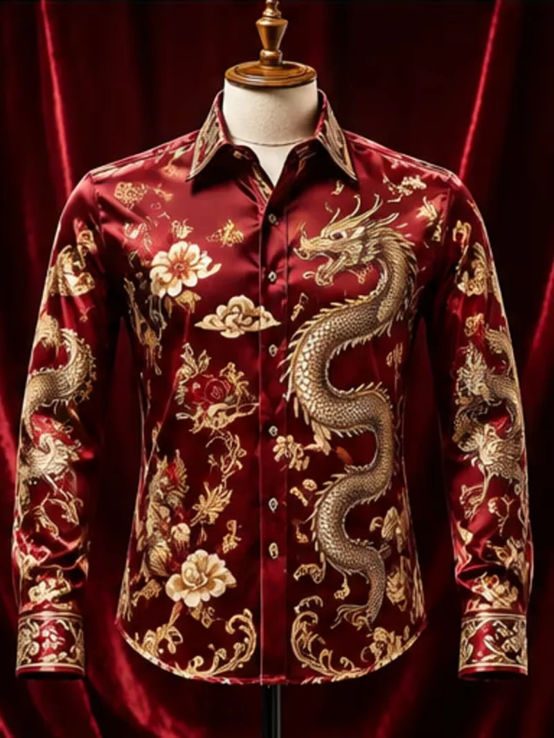 New black and gold leopard print geometric border long sleeved shirt, light luxury retro men's business high-end shirt