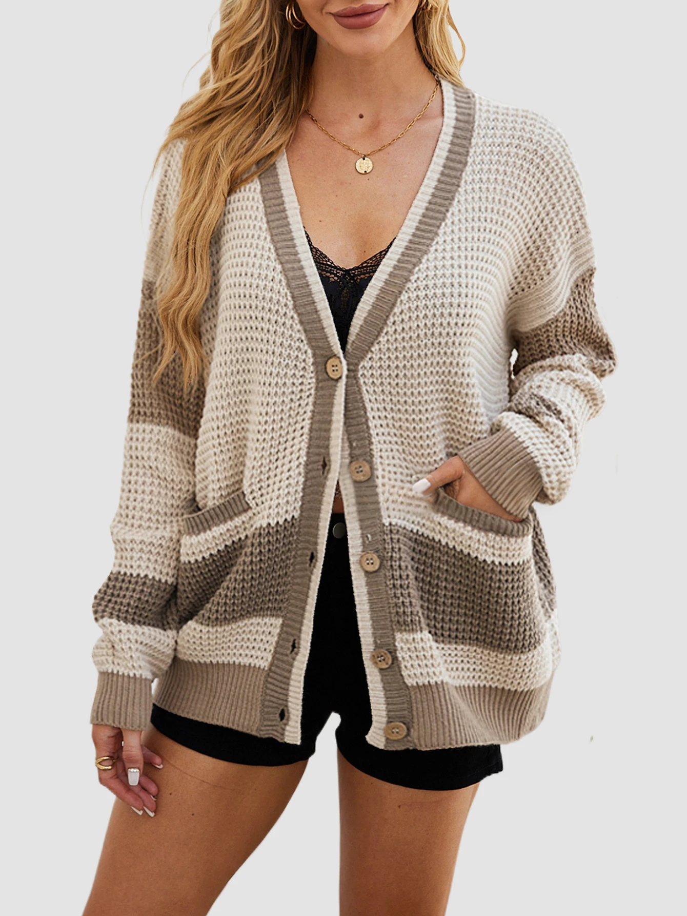 

Women's Patchwork Long Sleeve V-Neck Sweater Comfortable Regular Fit Autumn Basic Top for Daily Wear