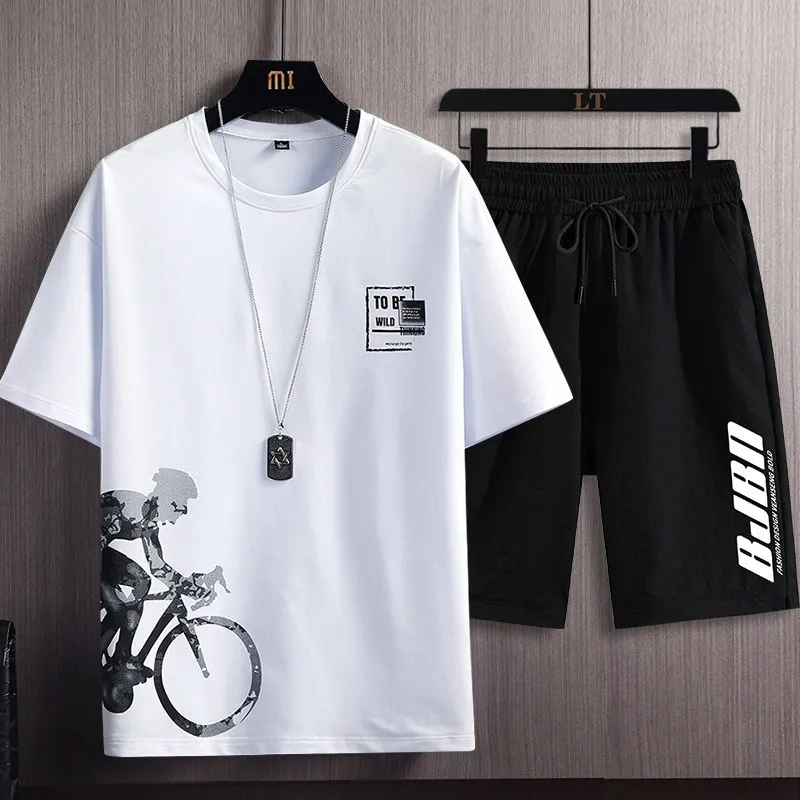 T-shirt z krótkim rękawem garnitur męski letni nowy nadruk modne męskie spodenki Casual Slim Fit duży rozmiar sportowy dwuczęściowy garnitur