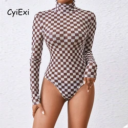 CyiExi Checkered Printed Long Sleeve Bodysuit Women Plaid Turtleneck Bodycon Bodysuits Female Daily Autumn Slim Fit Body Tops