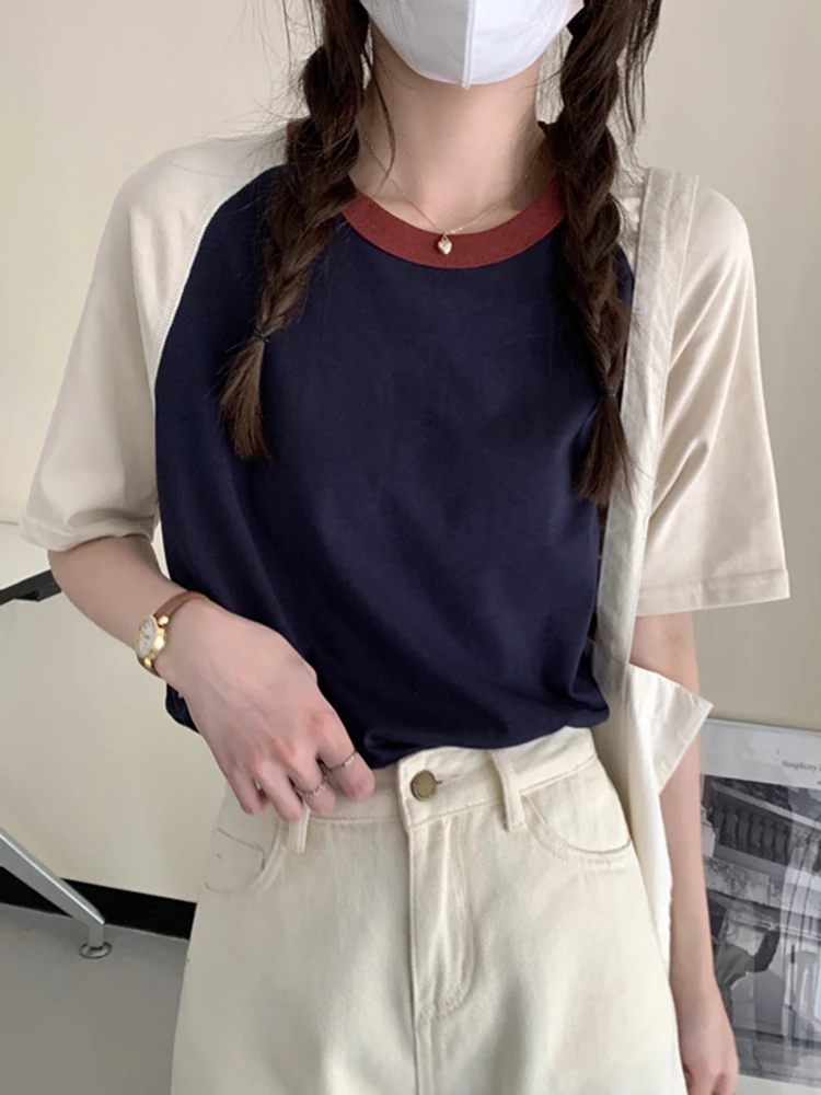 AOSSVIAO Sommer-Tops für Damen, T-Shirt mit Umlegekragen, kurze Ärmel, Beige, Blau, schick, Y2k-Mode, Patchwork, 2026 T-Shirts – Detail 9