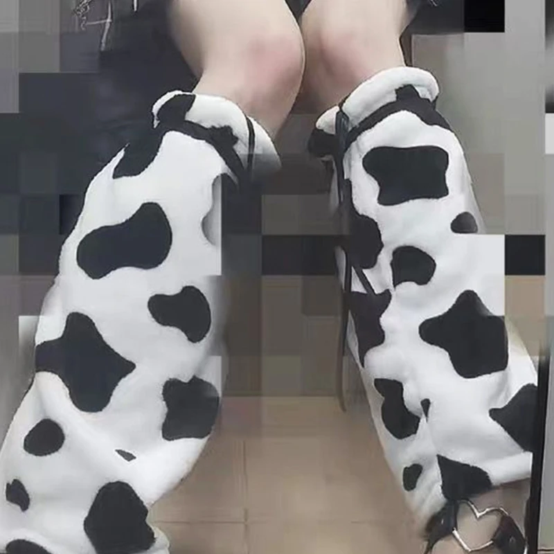 Japanese Women Girls Winter Plush Leg Warmers Harajuku Black White Cow Leopard Print Long Socks Gothic Foot