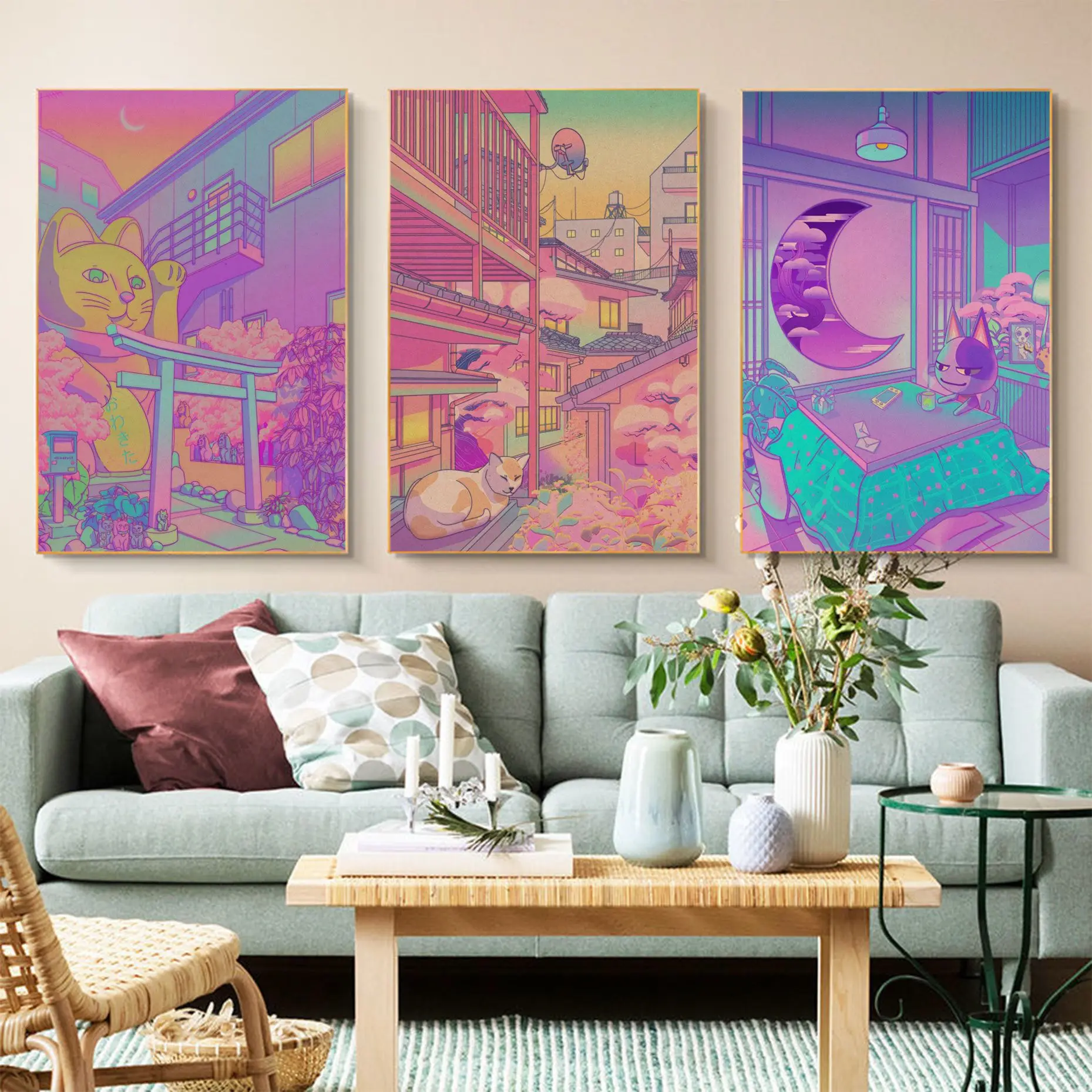 80s Vaporwave Style City Night Street Cat Movie Posters Decoracion Painting Wall Art Kraft Paper Posters Wall Stickers