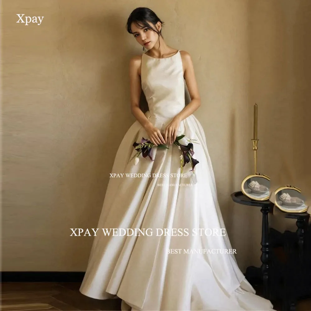 

XPAY Elegant O Neck A Line Wedding Dresses Customised Satin Draped Beach Bridal Gown Sleeveless Open Back Floor Bride Dress