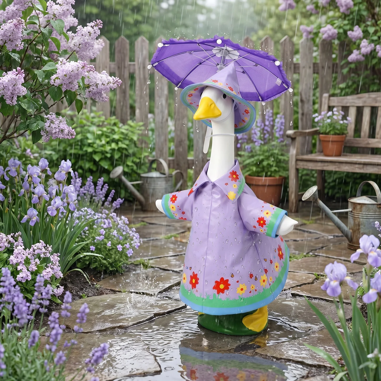 Raincoat Porch Goose Outfit Waterproof Summer Lawn Goose Clothes with Umbrella and Hat Decorative 23 Inch Garden Statue Dress Up