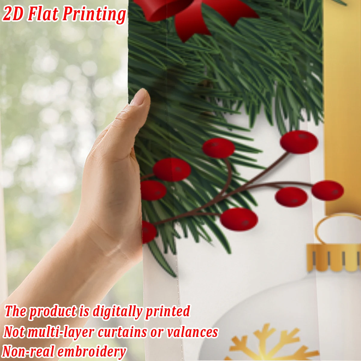 ستارة شفافة للمطبخ بطباعة مسطحة لعيد الميلاد مع كرة عيد الميلاد، جرس البونسيتة، فرع الصنوبر لحفلات ديكور المنزل في عيد الميلاد #6