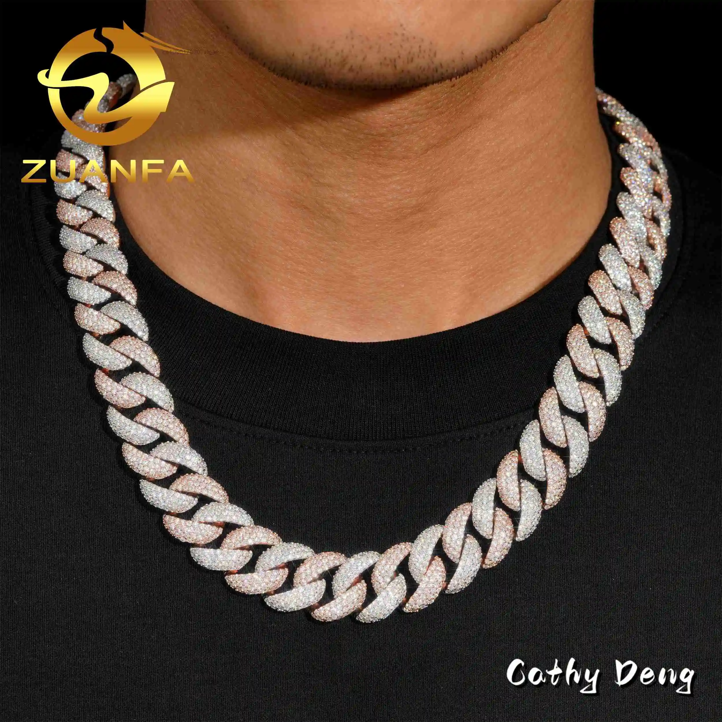 Price Wholesale 18mm 4 Row 925 Cuban Link Chain Two Tone Moon Shape Hip Hop Jewelry Iced Out Moissanite Cuban Chain Necklace.