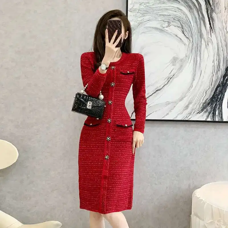 #0908 Autumn Winter Red Office Sweater Dress Women Round Neck Buttons Knitted Dress Female Elegant Stretch Vestidos Knee-length