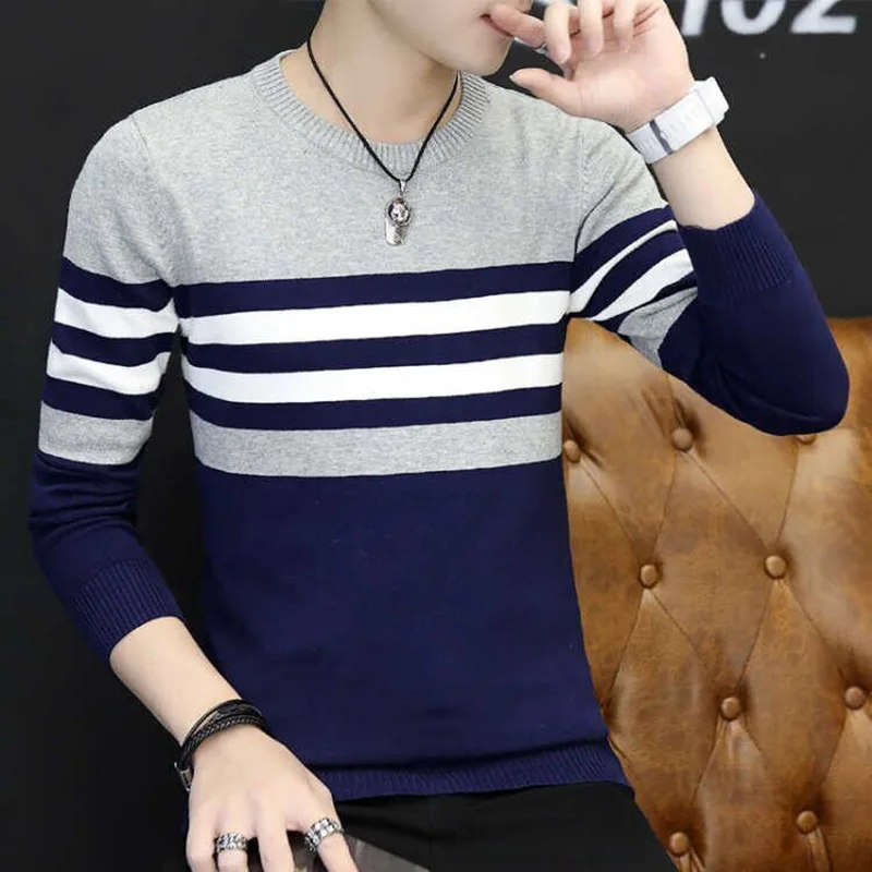 

Fashion O-Neck Knitted Loose Striped Color Sweaters Men's Clothing 2023 Autumn New Oversized Korean Pullovers Casual Tops