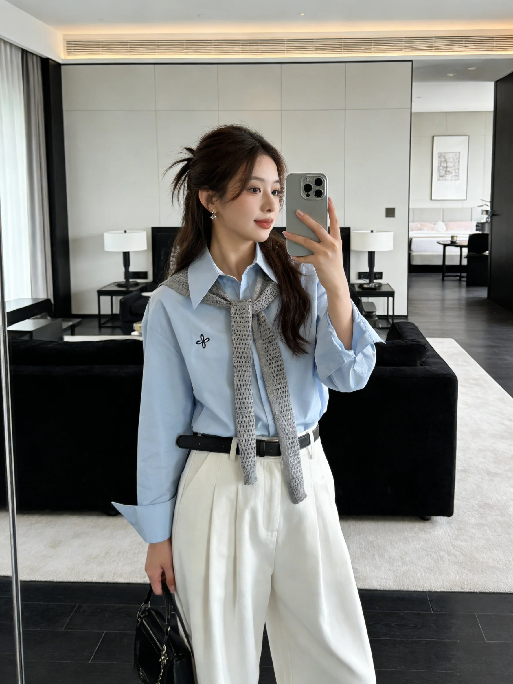 

Ele Embroidered Loose Fit Casual Skin-friendly Sun Protection Women's irt Korean Sle Long Sve Slimming Top