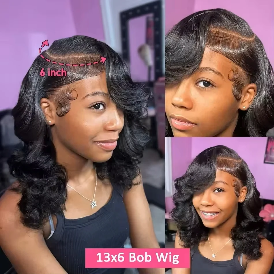 Short Bob Body Wave Human Hair Wig 13x4 Transparent Lace Front  13x6 HD Lace Frontal Wig Pre Plucked For Women 250 Density