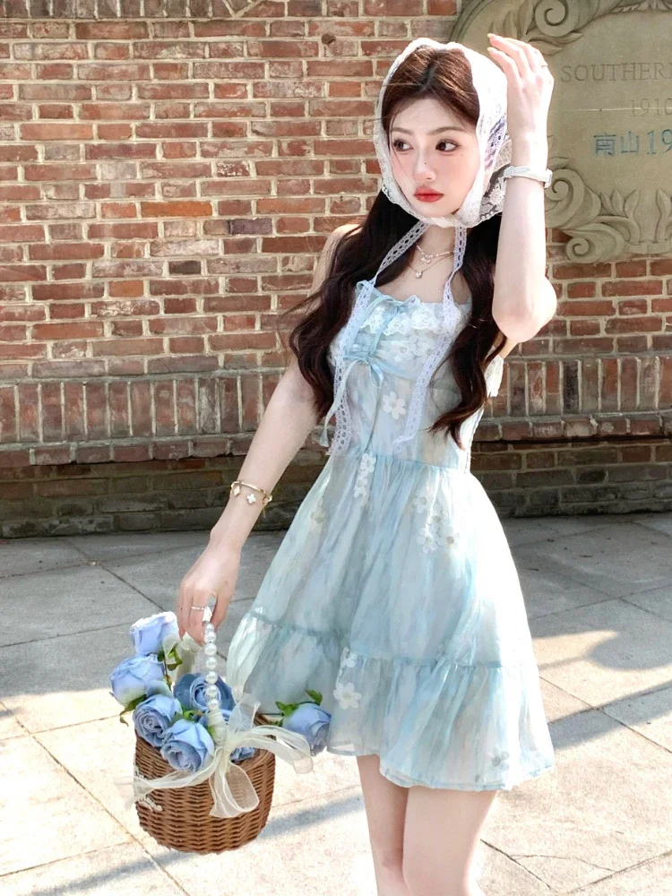 Casual Beach Even Party Mini Dress Women Summer Sleeveless Kawaii Floral Strap Dress Vintage Y2k Fairy Dress Fashion Japanese