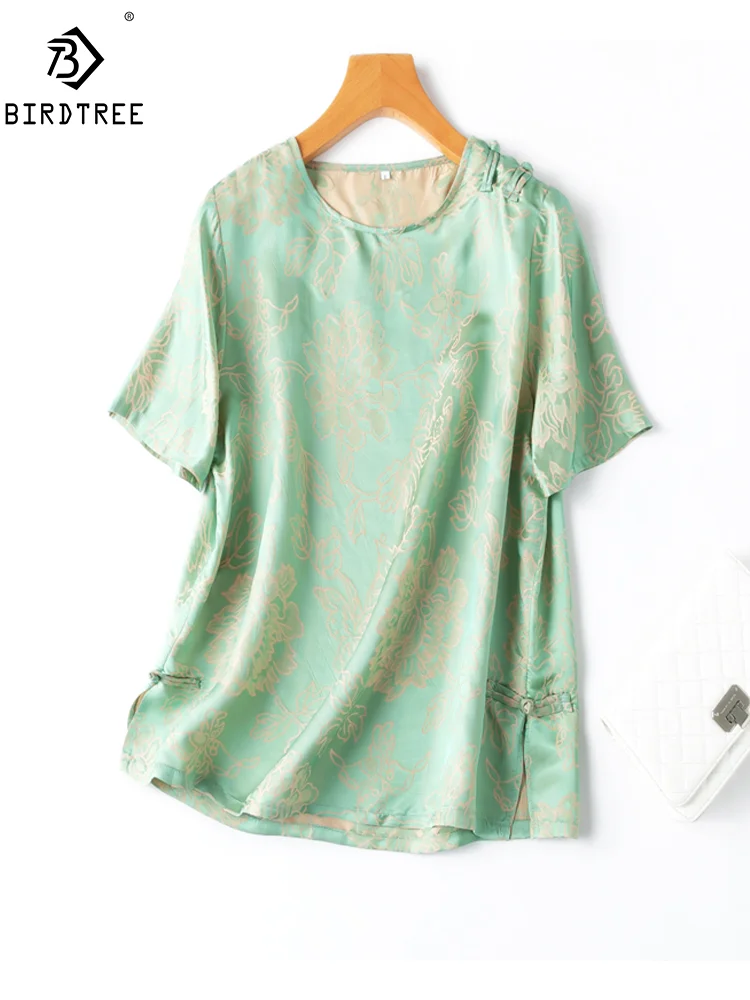 

BirdTree, 50%Real Silk Crepe De Chine T-Shirts, Women Short Sleeve Jacquard, Elegant Loose Tee, 2024 Summer New Top T44537QM