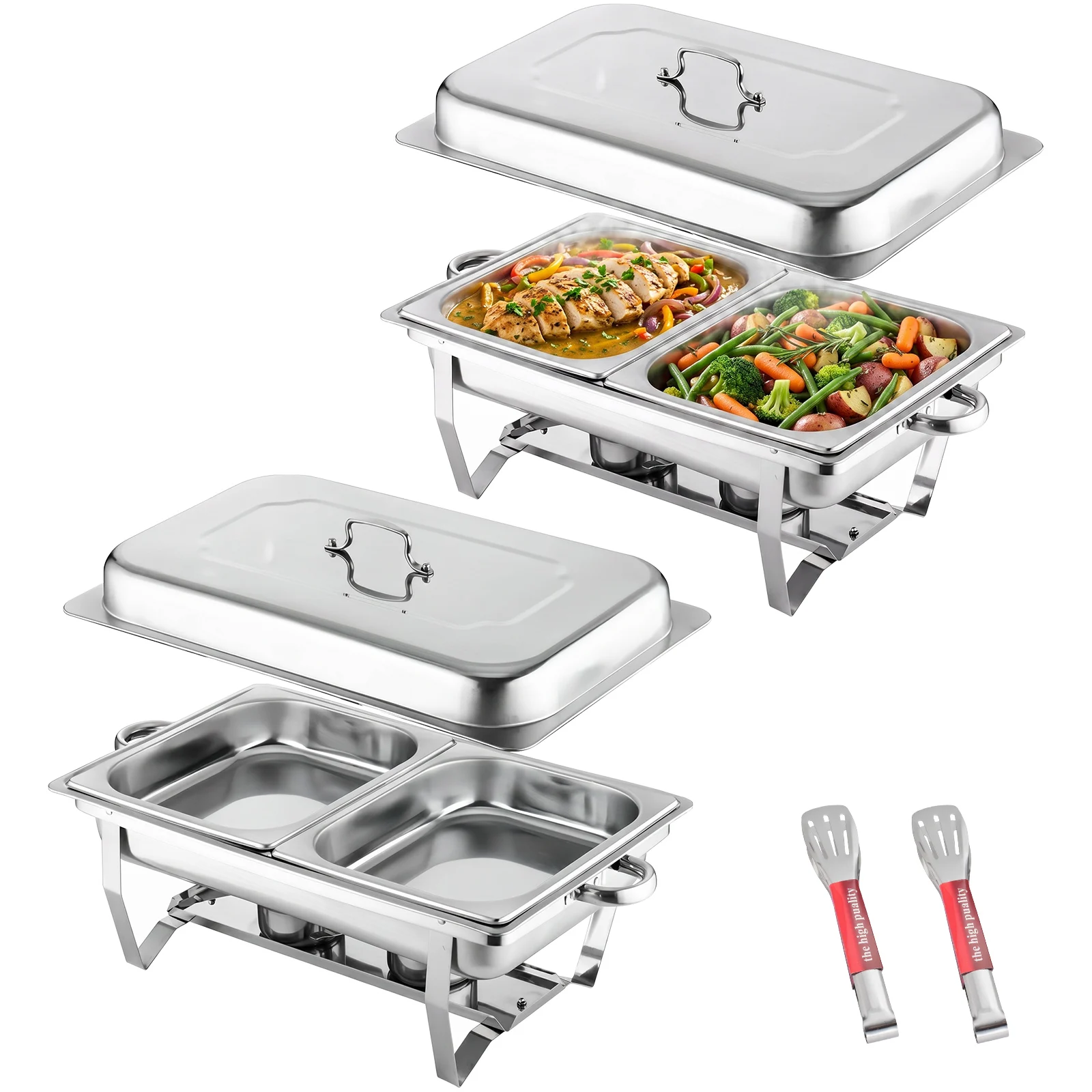 Ensemble de 2/4 plats de service pour buffet, 9L, en acier inoxydable rectangulaire, avec récipients pour aliments de moitié de taille, chauffe-aliments avec cadre pliable pour fêtes, mariages, dîners, buffets