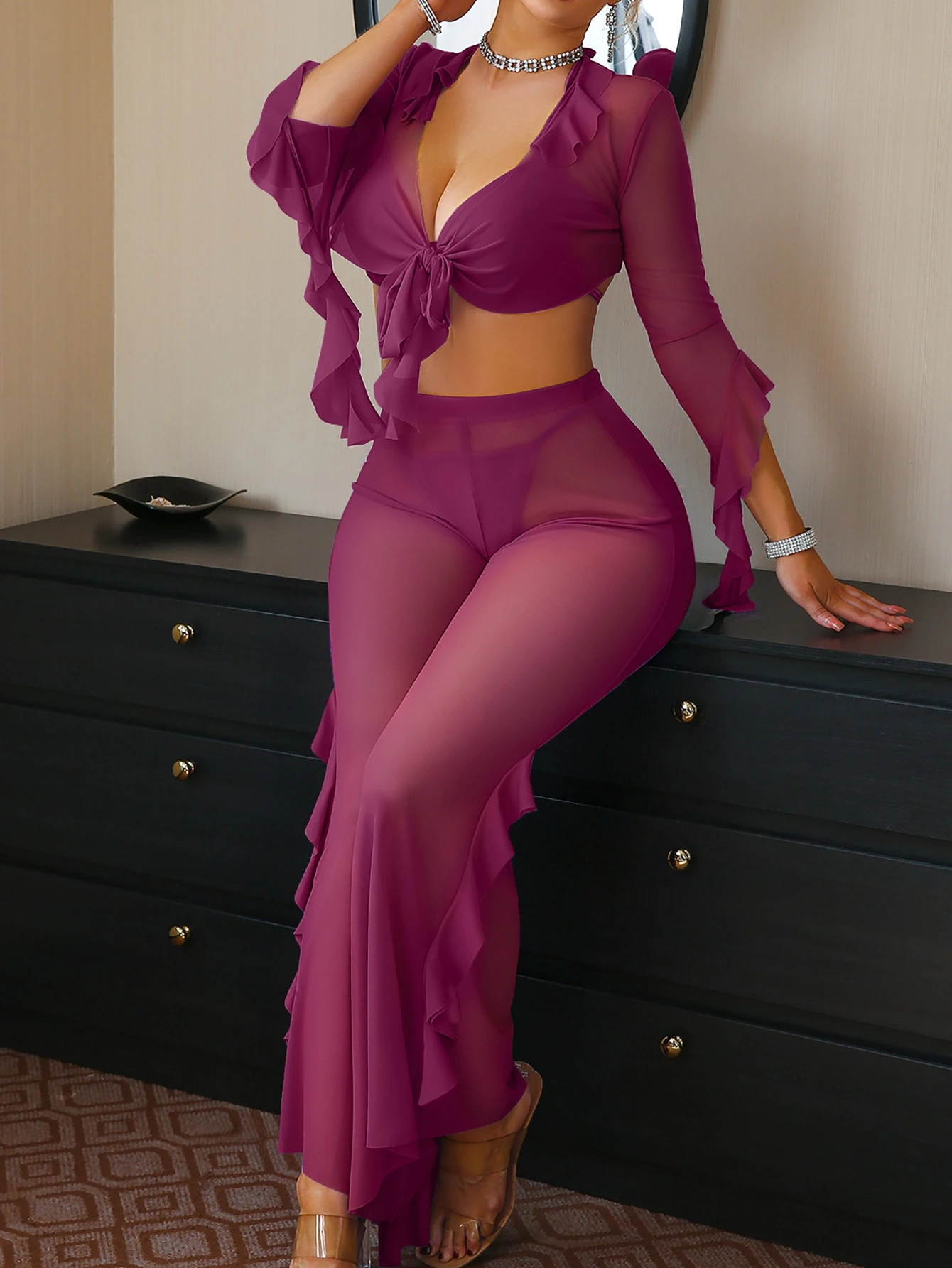 유럽 ​​스타일의 섹시하고 관능적인 란제리, 그물 원단, 여성 의류, 시스루 긴팔 스타일 L764