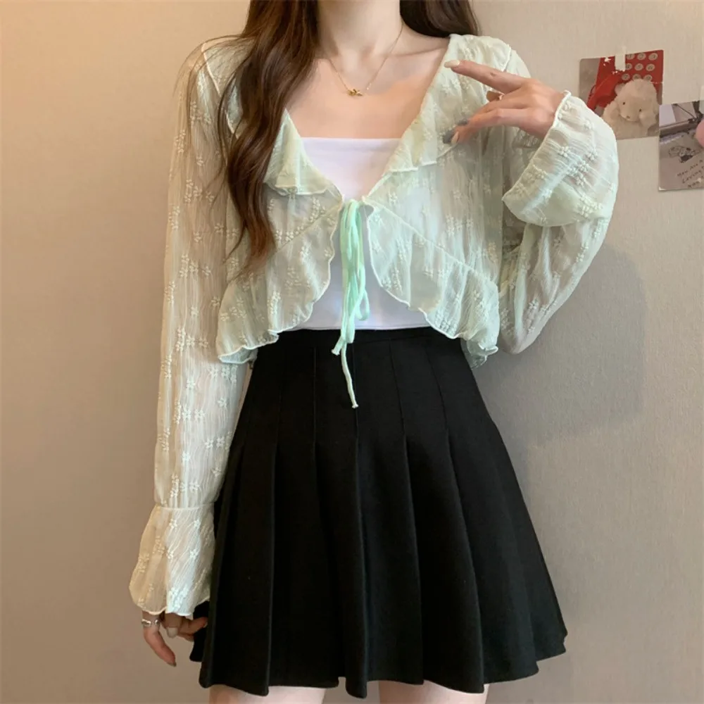 Cardigan con protezione solare sottile a fiori floreali Top con bordo arricciato Scollo a V lavorato a maglia a maniche lunghe Top con protezione solare trasparente