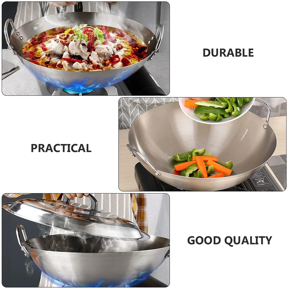 

1Pcs Premium Stainless Steel Binaural Wok Good Heat Resistance Easy to Use for Frying Meat and Vegetables Kitchen Accessory