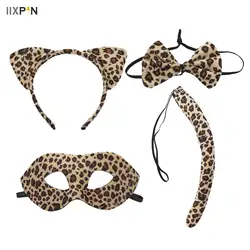 Halloween Cat Cosplay accessori Set donna leopardo mezza maschera copricapo orecchie papillon coda lunga Set Masquerade Party Costume