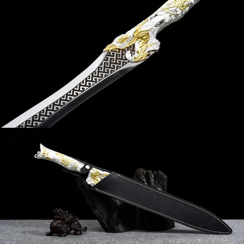 

56cm Floating Dragon Short Sword Medieval katana Battle Preparation full tang Stainless Steel Gold and Silver Phoenix Edge Cutti