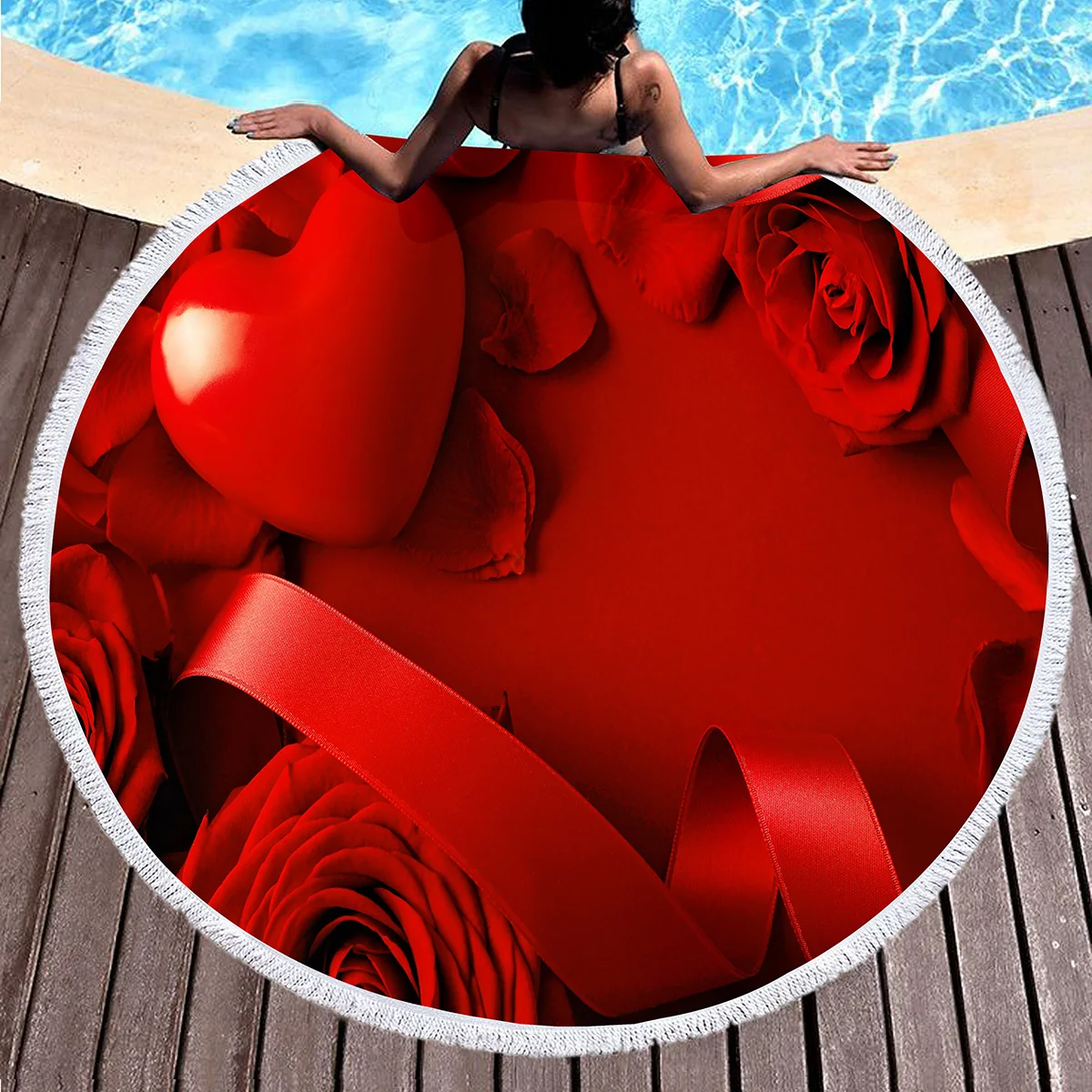Valentine's Day Romantic Rose Round Beach Towel,Quick Dry Picnic Rug with Tassels for Bathroom Pool Surfing Outdoor Meditation
