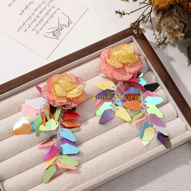 N5KA Artistic Textured Petal Drop Earrings Vibranting Color Combination With Light Fringe