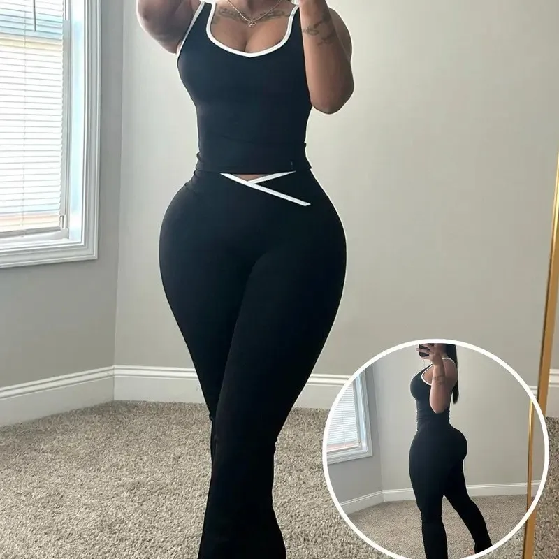 

Two Piece Set Sports Bra Sleeveless Crop Top Athletic Bra High Waist Wide Leg Pants Workout Set Summer Fitness Outfits Woman