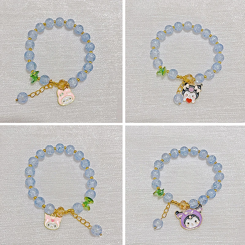 Sanrio Cute Cartoon Crystal Beaded Bracelet Kuromi Cinnamoroll Fresh Blue Bead Bracelet Sweet Girlfriend Gifts Toys For Girls