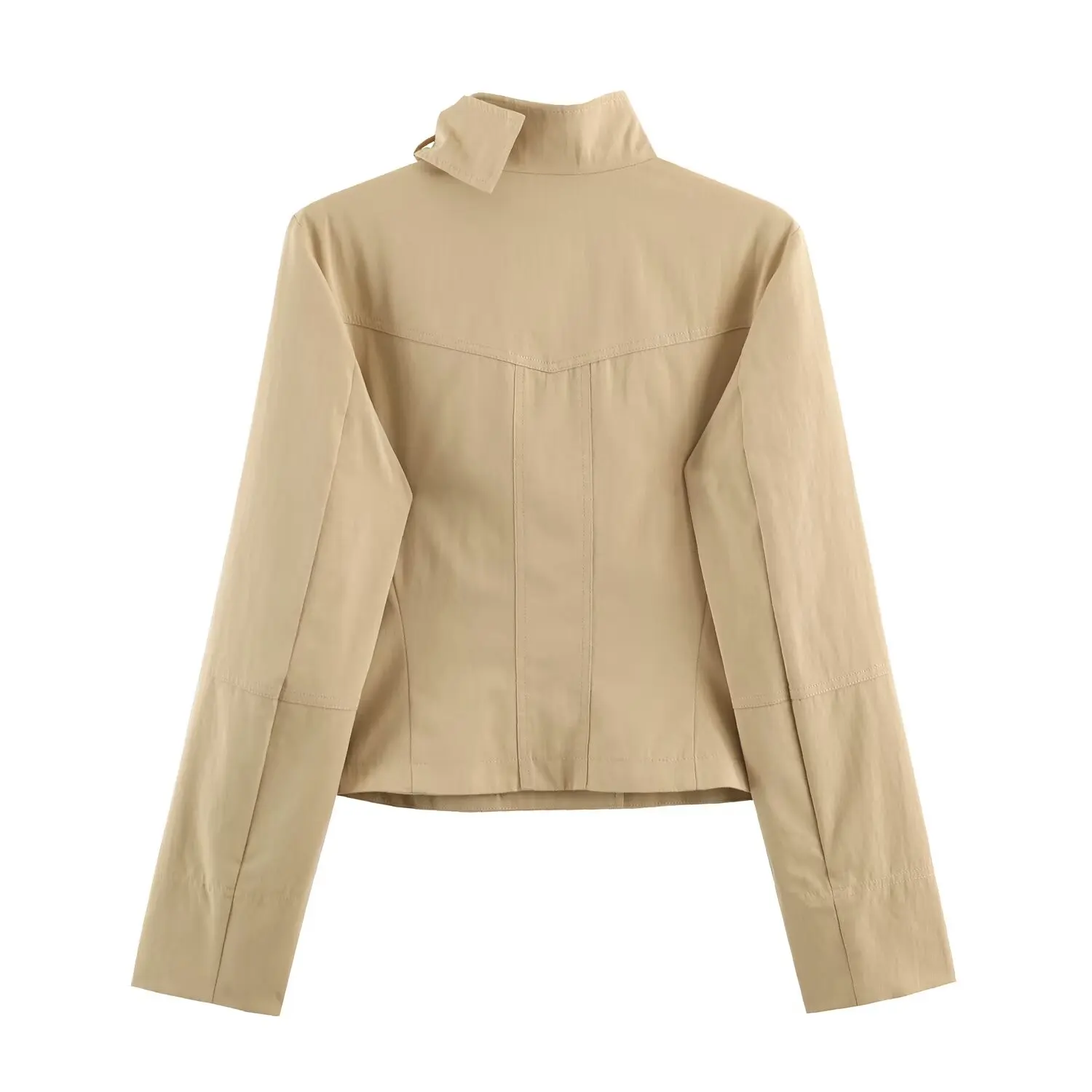 New Double Breasted Cropped Jacket 2026 Stand Collar Flap Pocket Long Sleeve for Women Vintage Casual Outwear Coat