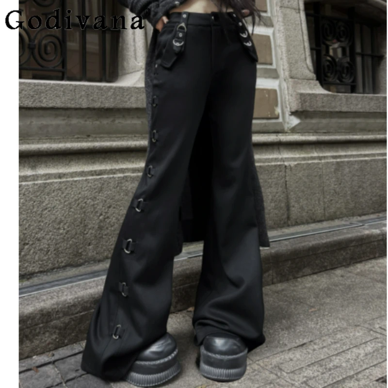 

3XL Autumn Winter New Versatile Black Chic Punk Leisure Micro-pull Trousers Personalized Girl Fashion Street Splicing Dark Pants