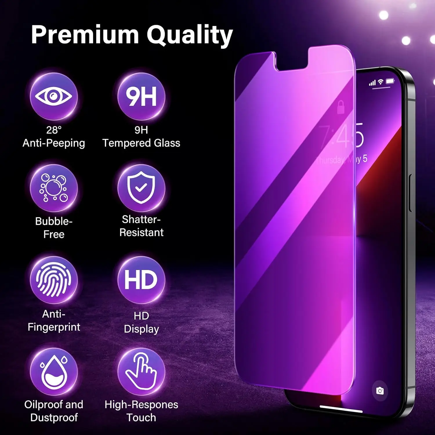 für iPhone 15 14 13 17 16 Pro Max Sichtschutz-Displayschutz, lila Farbverlauf, Anti-Spionage, Anti-Blau, HD-Displayschutz aus gehärtetem Glas – Detail 3