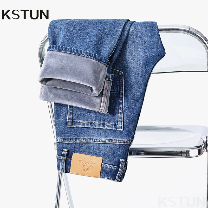 Celana Jeans Musim Dingin KSTUN 2025 Celana Jeans Pria Berbahan Stretch Hangat Celana Tebal Berlapis Fleece Celana Panjang Lurus untuk Fitness Bisnis Kasual Celana Jeans Biru