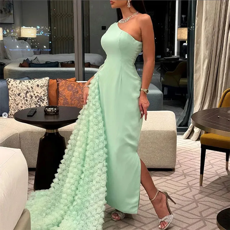 

Green Single Shoulder Evening Dress with Detachable Train Rose Flower Overskirt Sheath Formal Party Gown Ankle Length Prom Dress