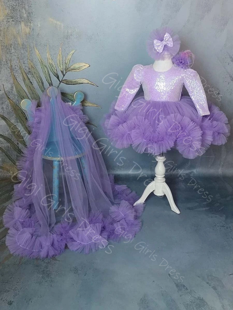 

Lilac Princess Flower Girl Dress for Wedding Kids Long Sleeve Sequins Tiered Tulle Birthday Dress with Detachable Train Custom
